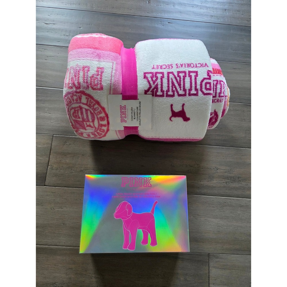 Victoria's Secret PINK Plush Blanket & Pink Friday Mystery Mini Dog Bundle NWT